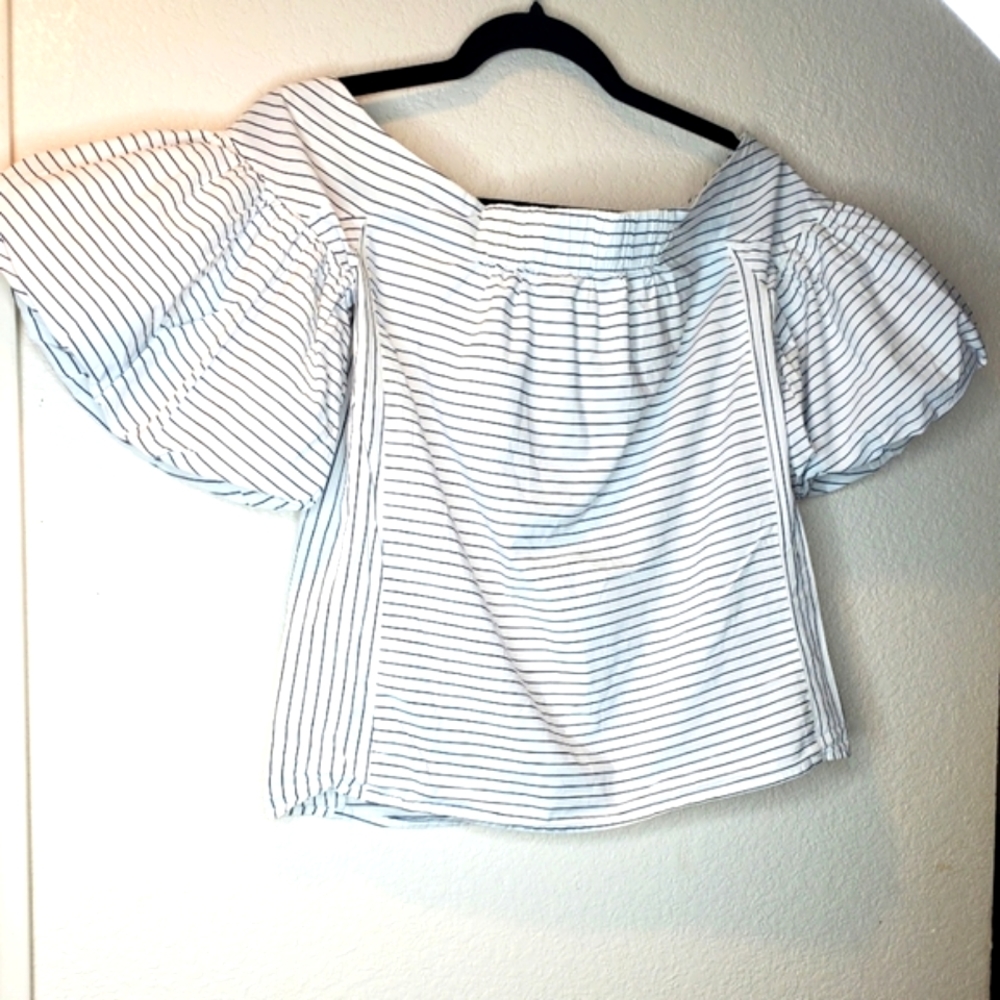 H&M Pinstriped Balloon Sleeve off the Shoulder Top in White/Blue